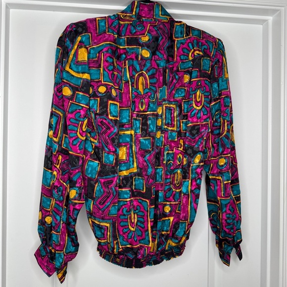 Vintage Da-Rue Multicolored Blouse with Tie, Shoulder Pads, Elastic Waist - Picture 8 of 9